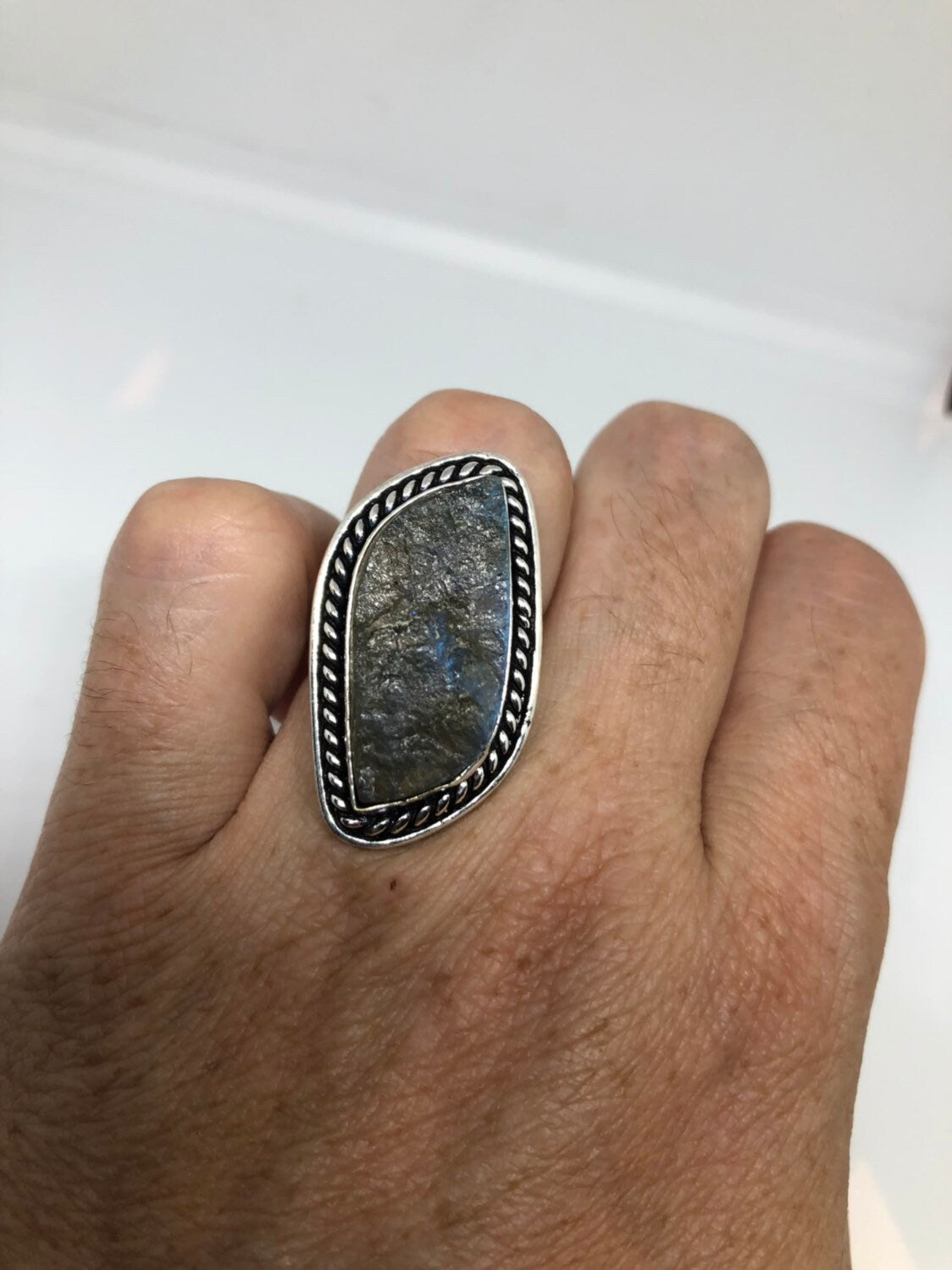 Vintage Large Labradorite Rainbow Moonstone Stone Silver Ring