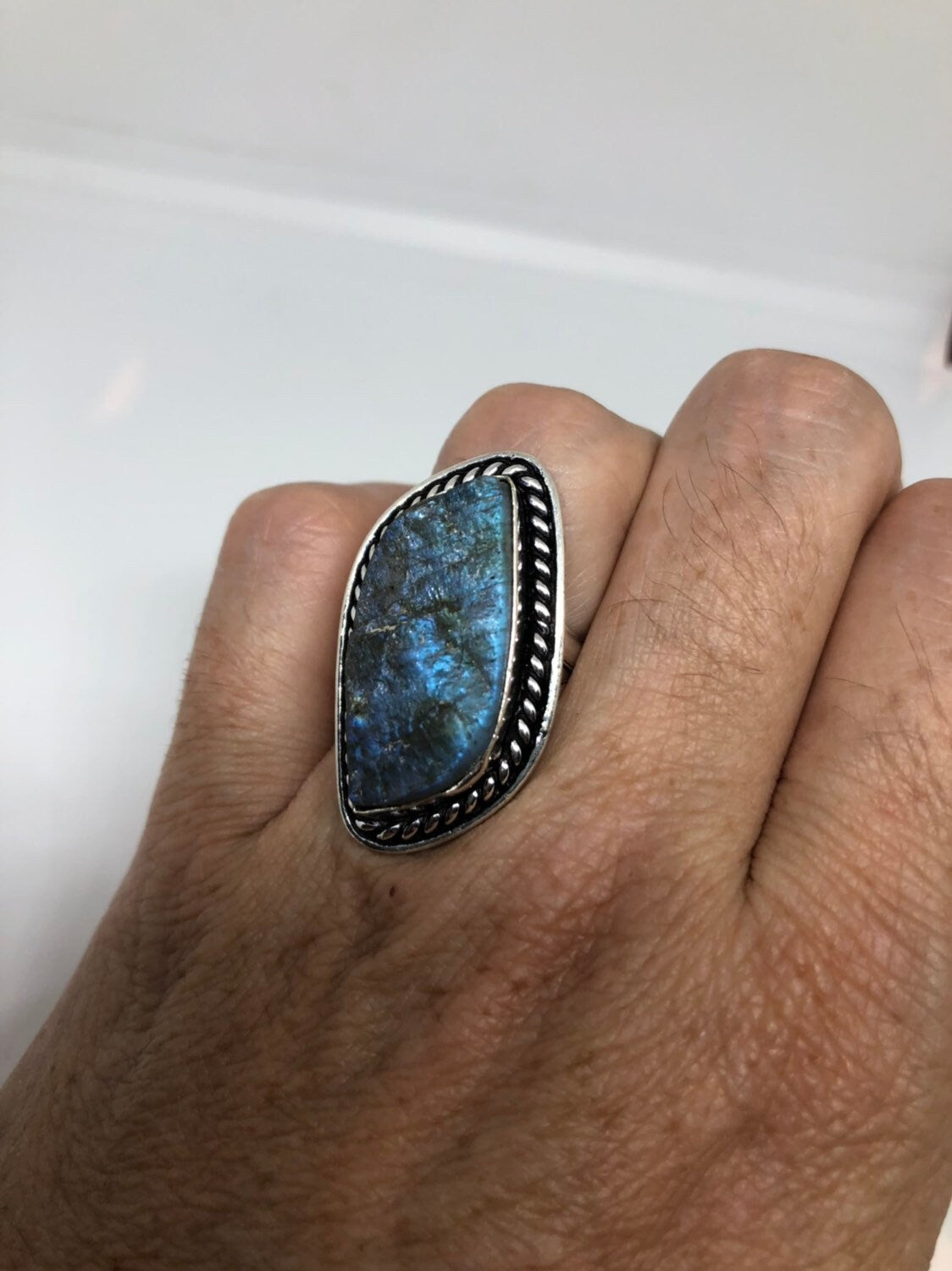 Vintage Large Labradorite Rainbow Moonstone Stone Silver Ring