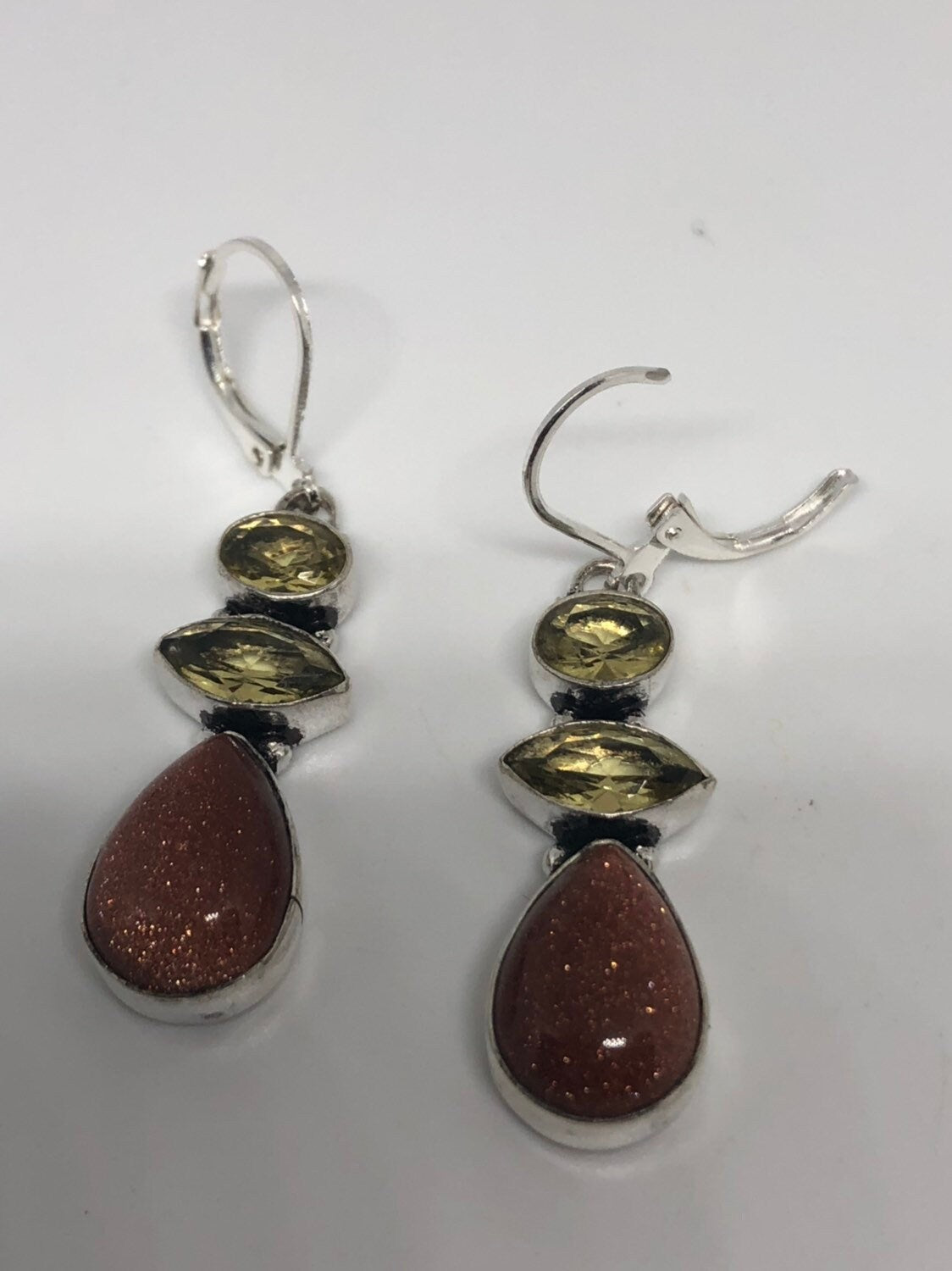 Vintage Chandelier Earrings Golden sandstone Silver Dangle