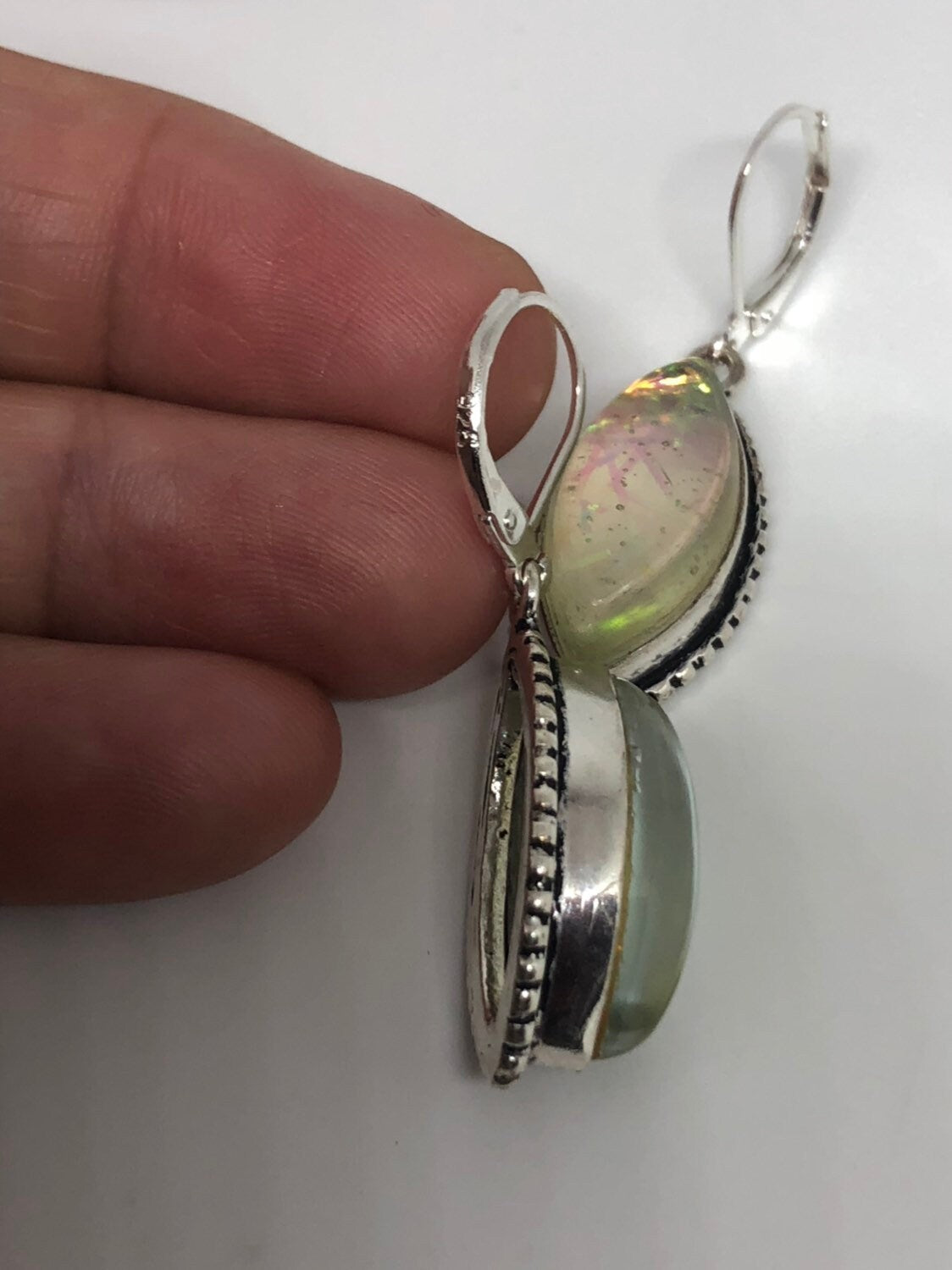 Antique Vintage Blue White Opal Glass Silver Dangle Earrings