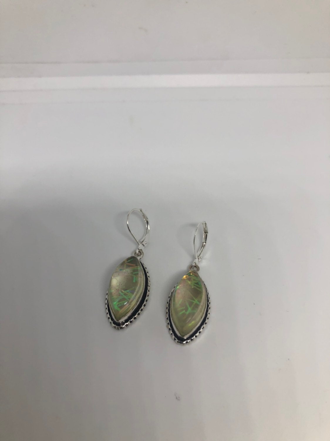 Antique Vintage Blue White Opal Glass Silver Dangle Earrings