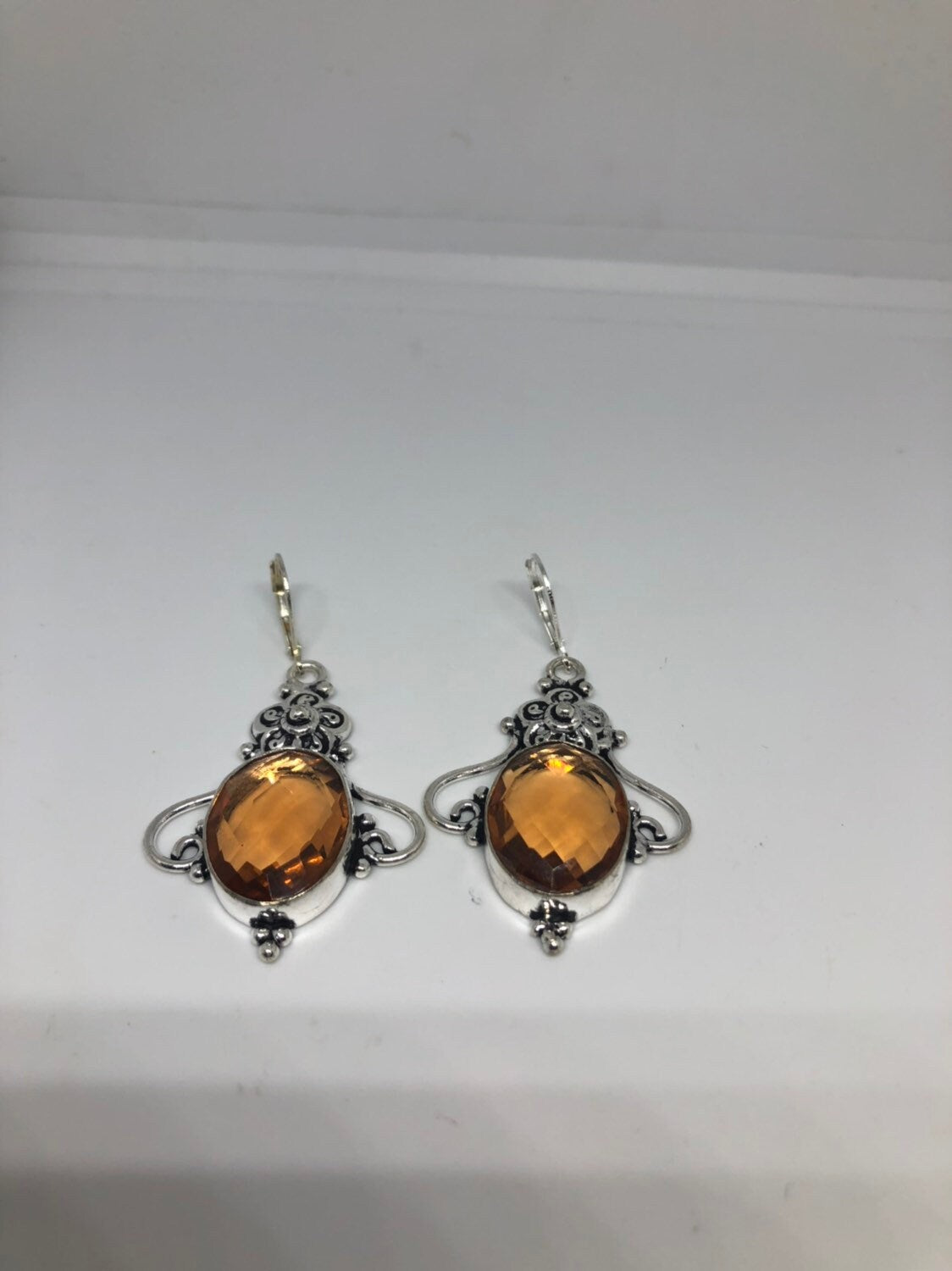 Antique Vintage Golden Volcanic Glass Silver Dangle Earrings