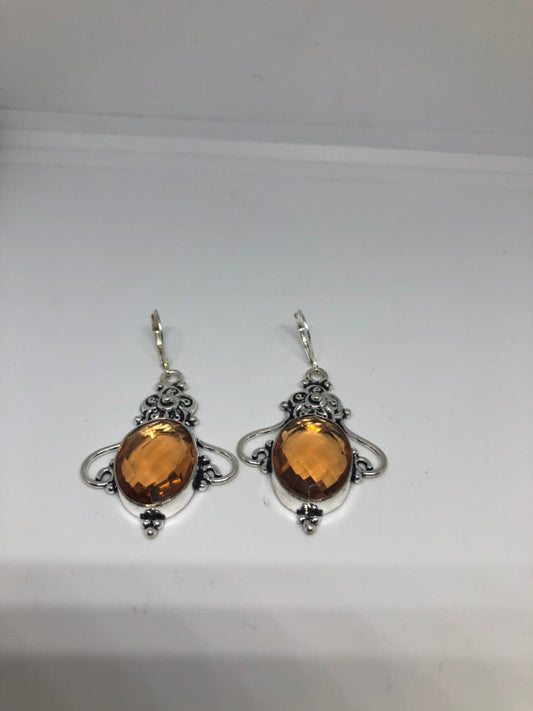 Antique Vintage Golden Volcanic Glass Silver Dangle Earrings