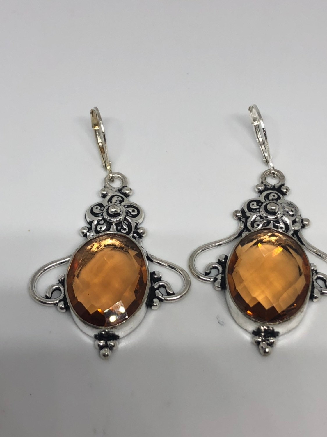 Antique Vintage Golden Volcanic Glass Silver Dangle Earrings