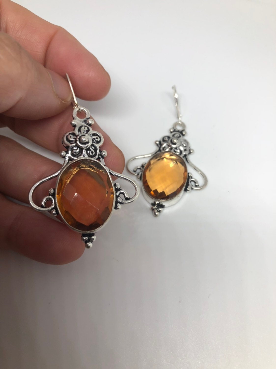 Antique Vintage Golden Volcanic Glass Silver Dangle Earrings