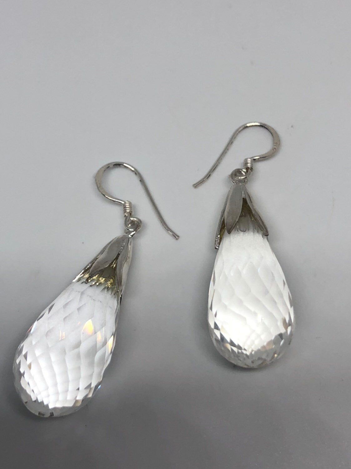 Antique Crystal Quartz Gemstone Golden Sterling Silver Dangle Earrings