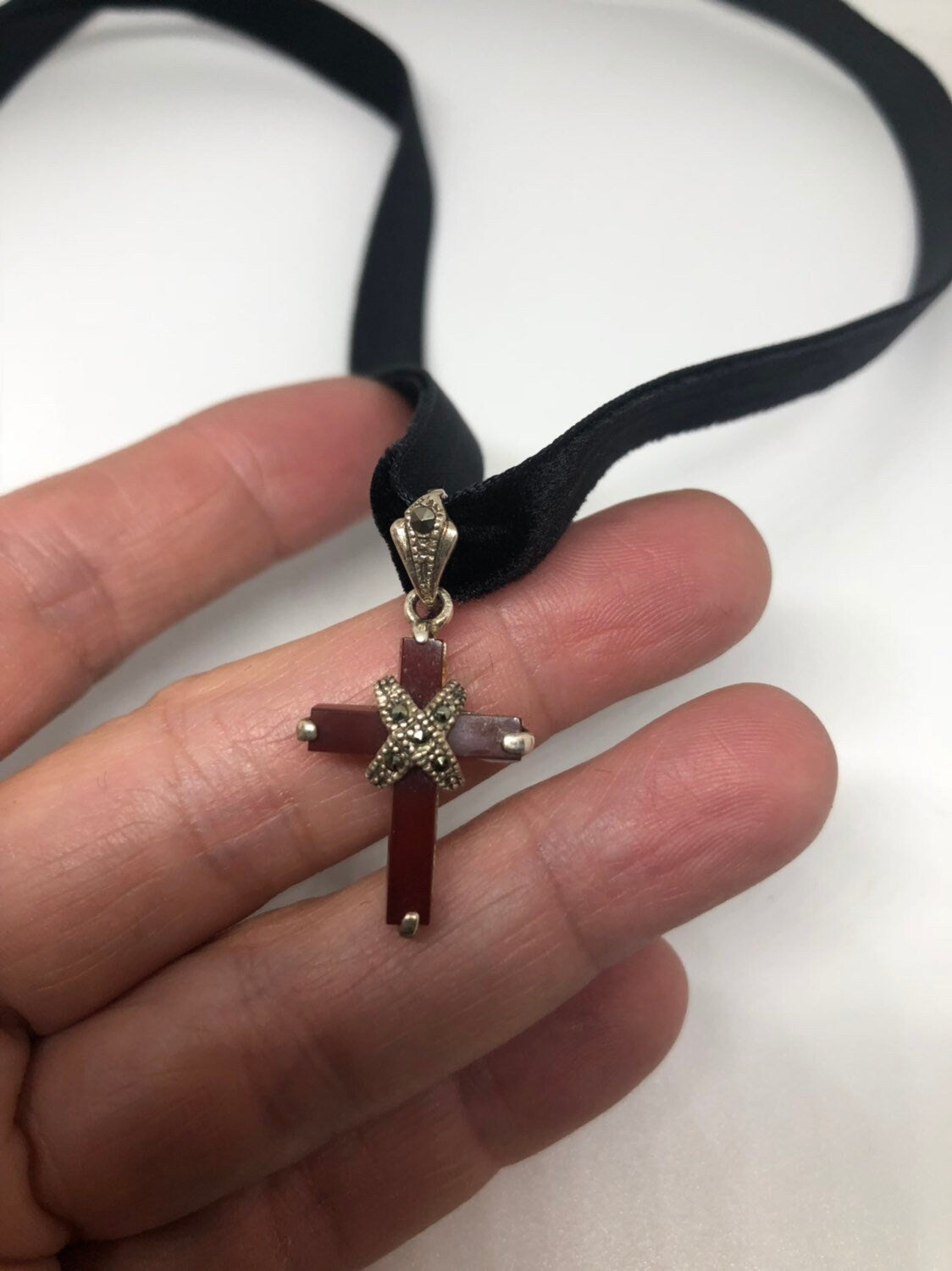 Handmade Cross Necklace, Sterling Silver Marcasite Carnelian Choker