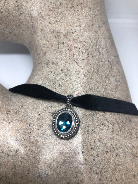 Vintage Blue Topaz 925 Sterling Silver Choker Necklace Pendant