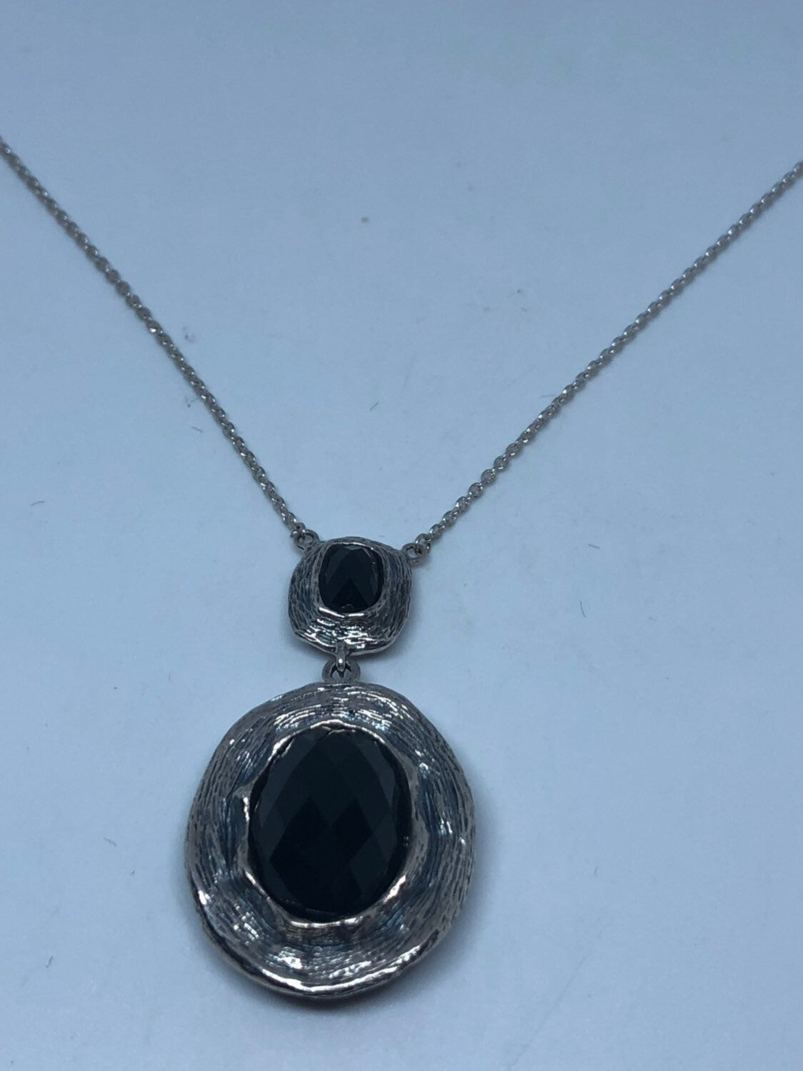 Vintage 925 Sterling Silver Genuine Black Onyx Dangle Pendant Necklace