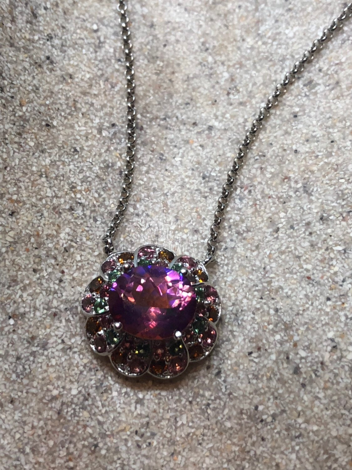 Vintage Handmade 925 Sterling Silver Genuine Pink Mystic Topaz Antique Pendant Necklace