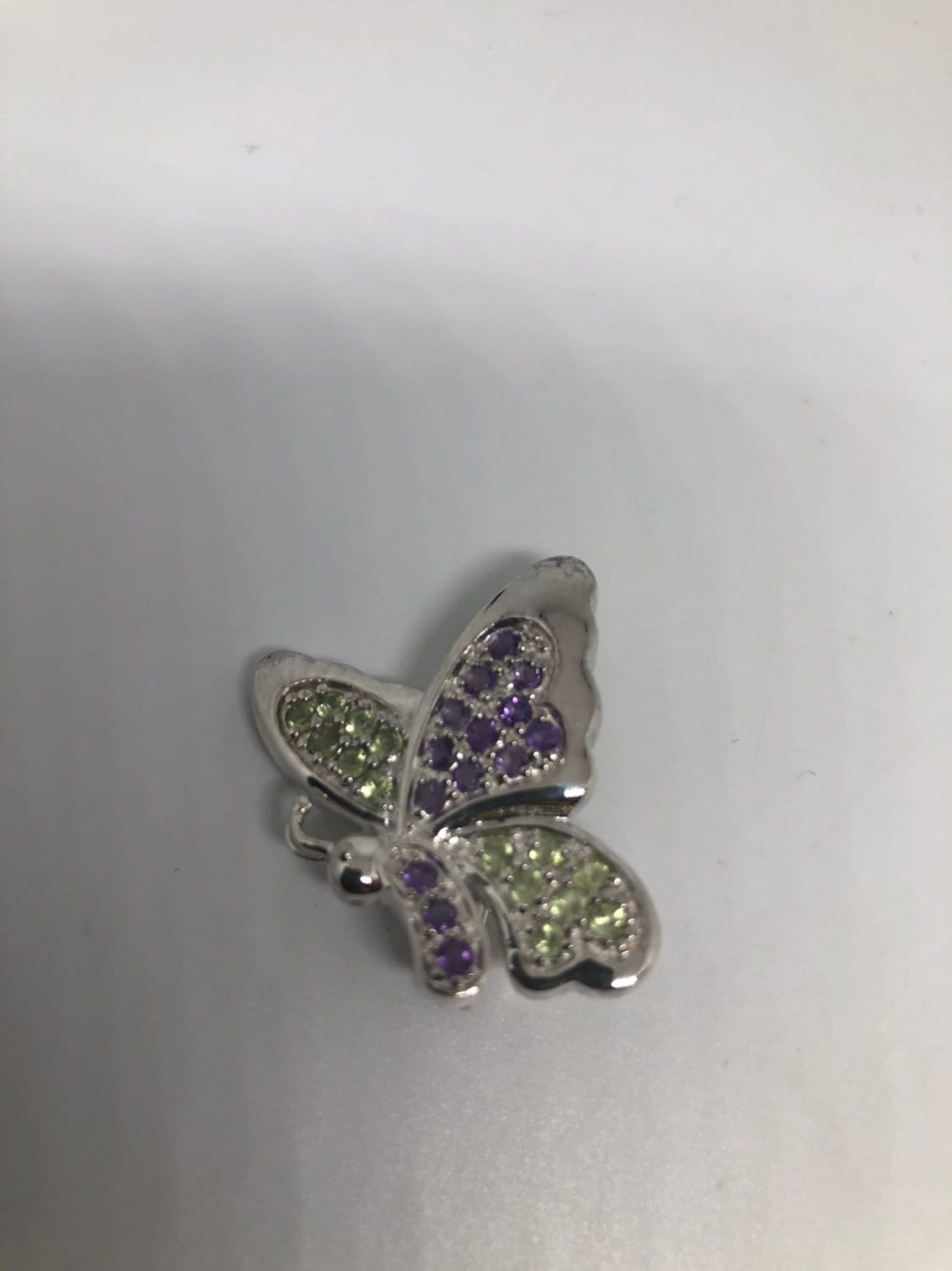 Vintage Handmade Peridot and Amethyst Sterling Silver Butterfly Brooch