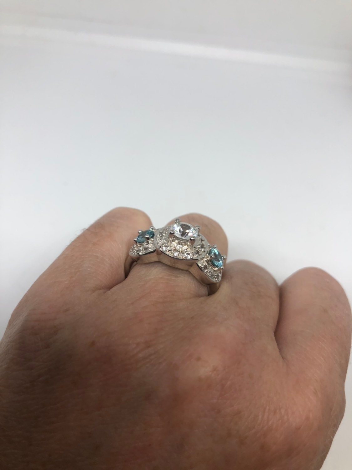 Vintage White Sapphire Blue Topaz 925 Sterling Silver Ring