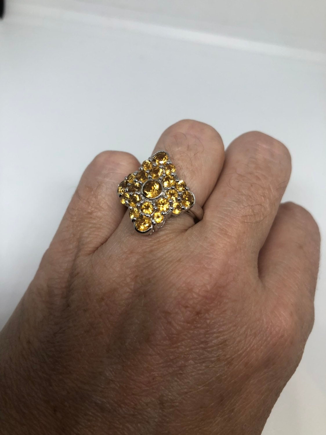 Vintage Handmade Golden Genuine Citrine 925 Sterling Silver Gothic Ring