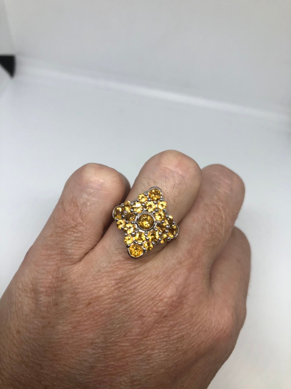 Vintage Handmade Golden Genuine Citrine 925 Sterling Silver Gothic Ring