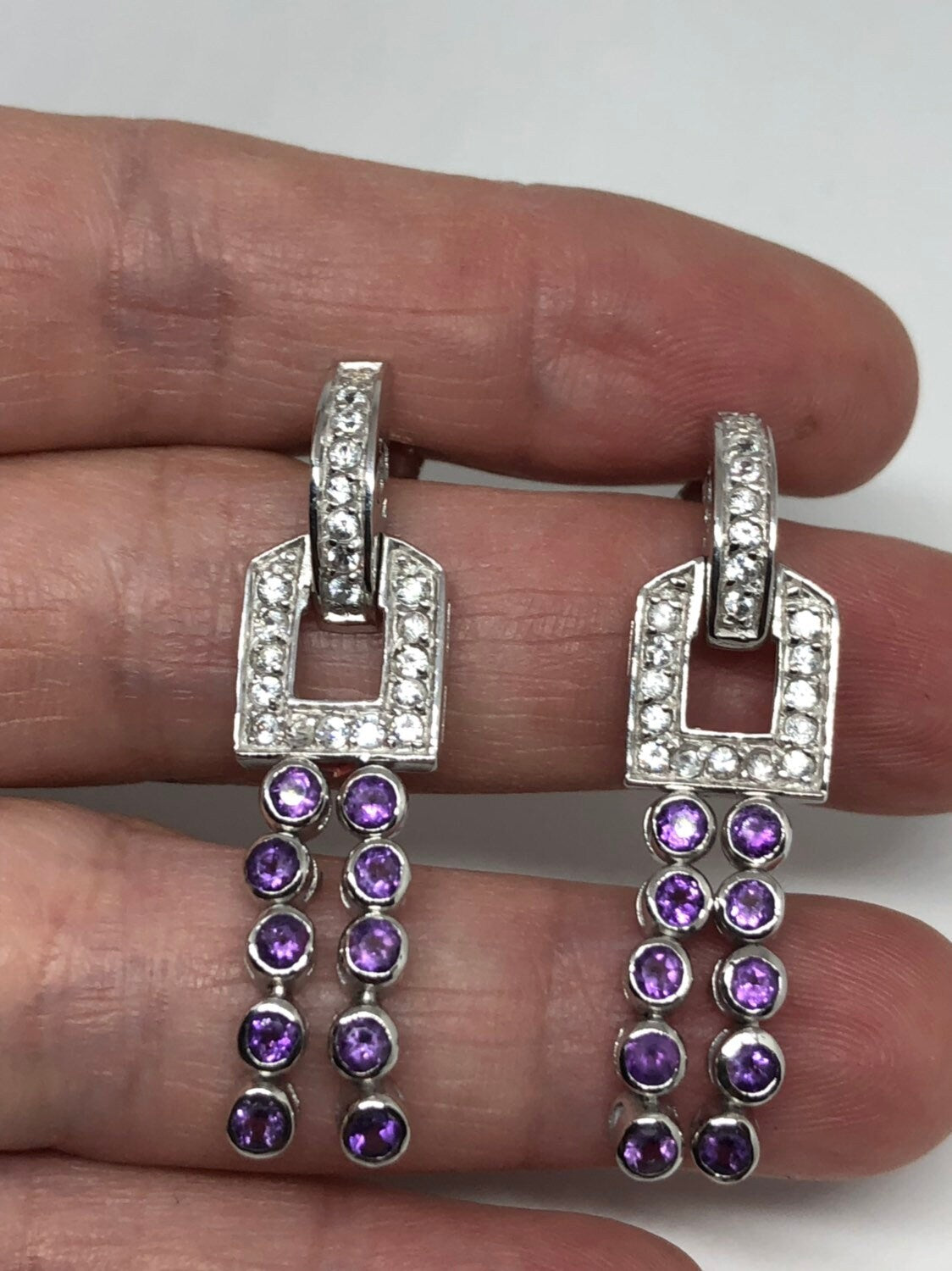 Vintage Handmade Sterling Silver Deep Purple Genuine Amethyst Earrings