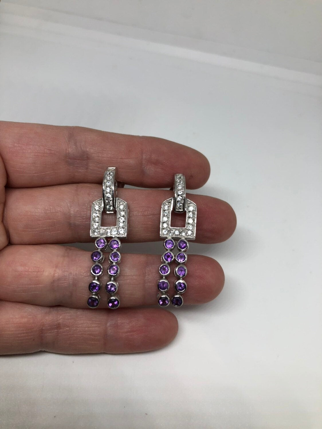 Vintage Handmade Sterling Silver Deep Purple Genuine Amethyst Earrings