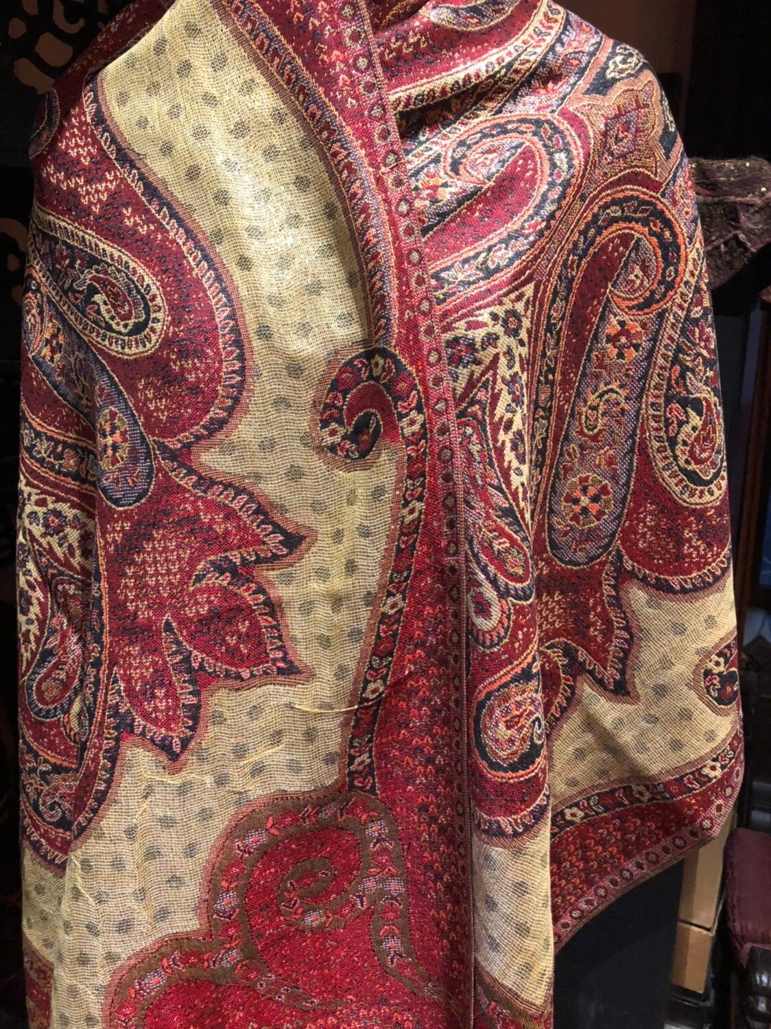 Vintage Red Metallic Gold Paisley Brocade Pashmina Scarf Wrap Shawl