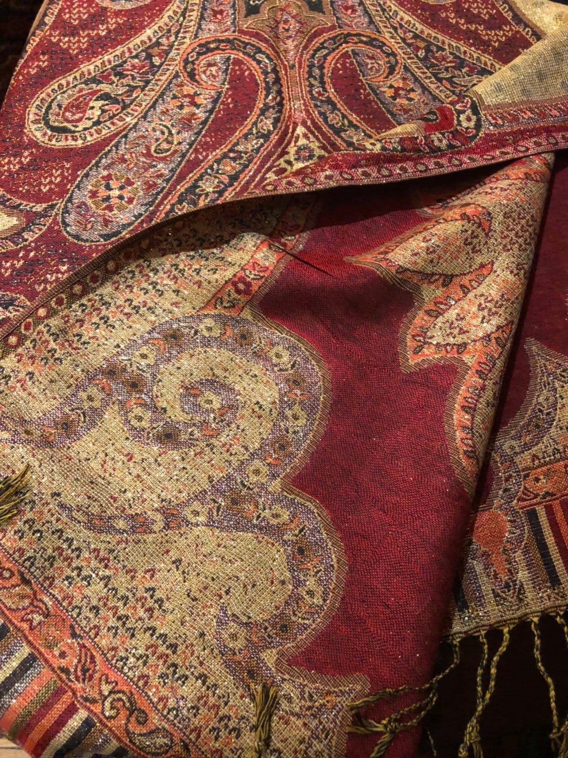 Vintage Red Metallic Gold Paisley Brocade Pashmina Scarf Wrap Shawl