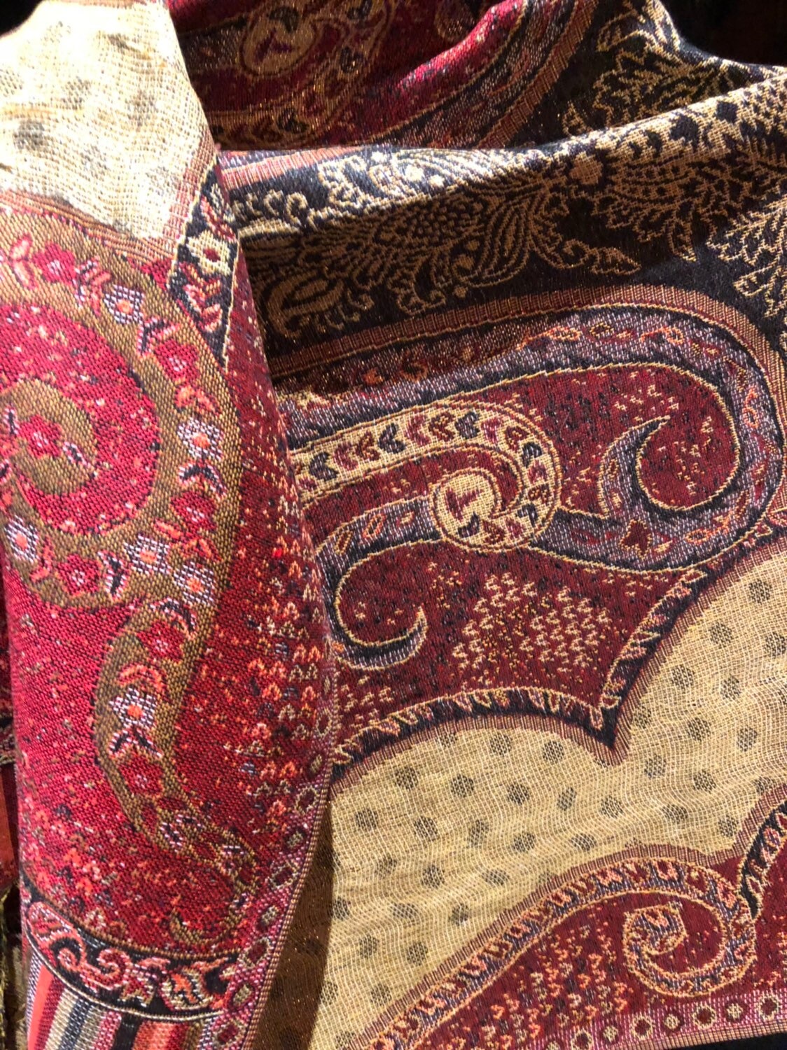 Vintage Red Metallic Gold Paisley Brocade Pashmina Scarf Wrap Shawl