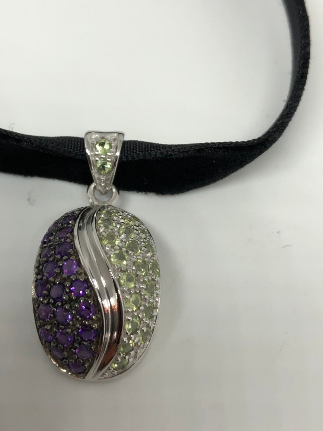 Vintage Handmade 925 Sterling Silver Genuine Peridot and Amethyst Antique Pendant Necklace