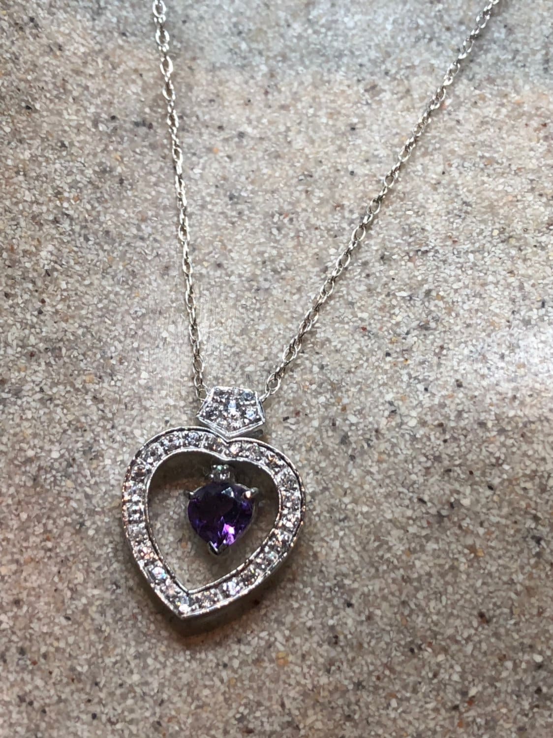 Vintage Handmade 925 Sterling Silver Purple Amethyst Heart Pendant Necklace