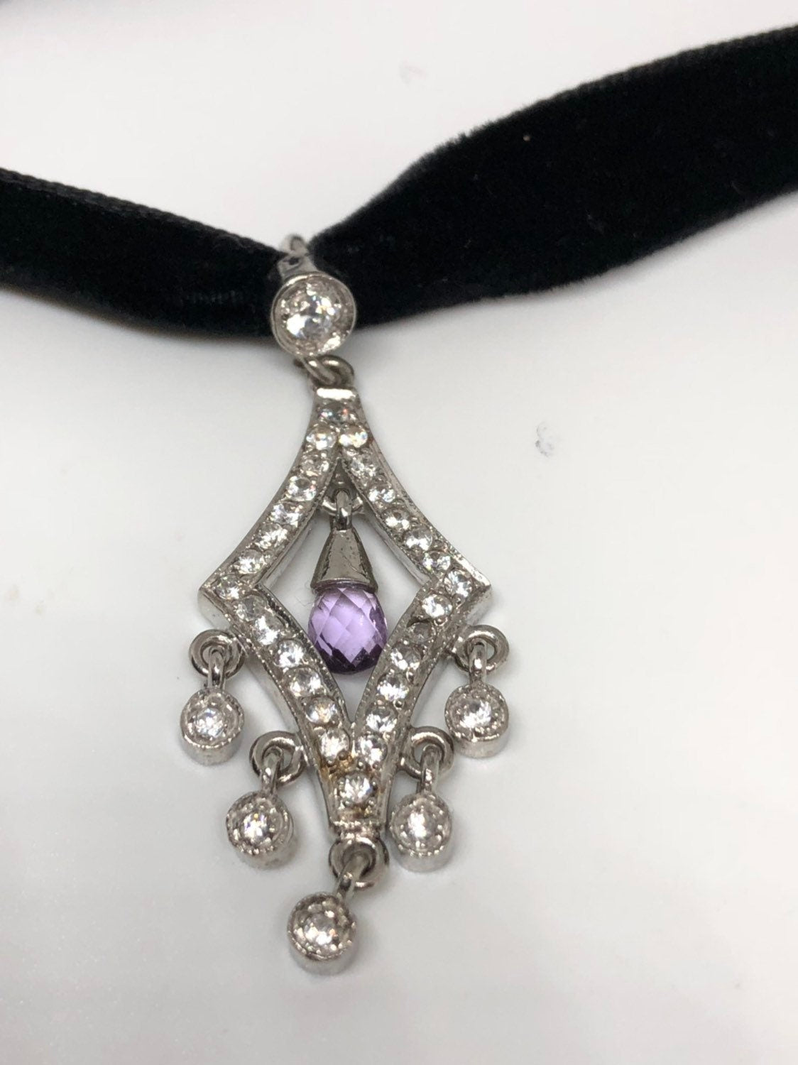 Vintage chandelier Choker 925 Sterling Silver Purple Amethyst Pendant