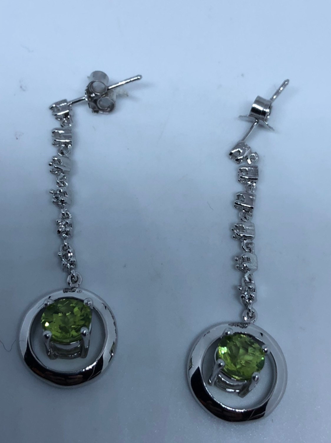 Vintage Handmade Sterling Silver Genuine Green Peridot and White Sapphire Earrings