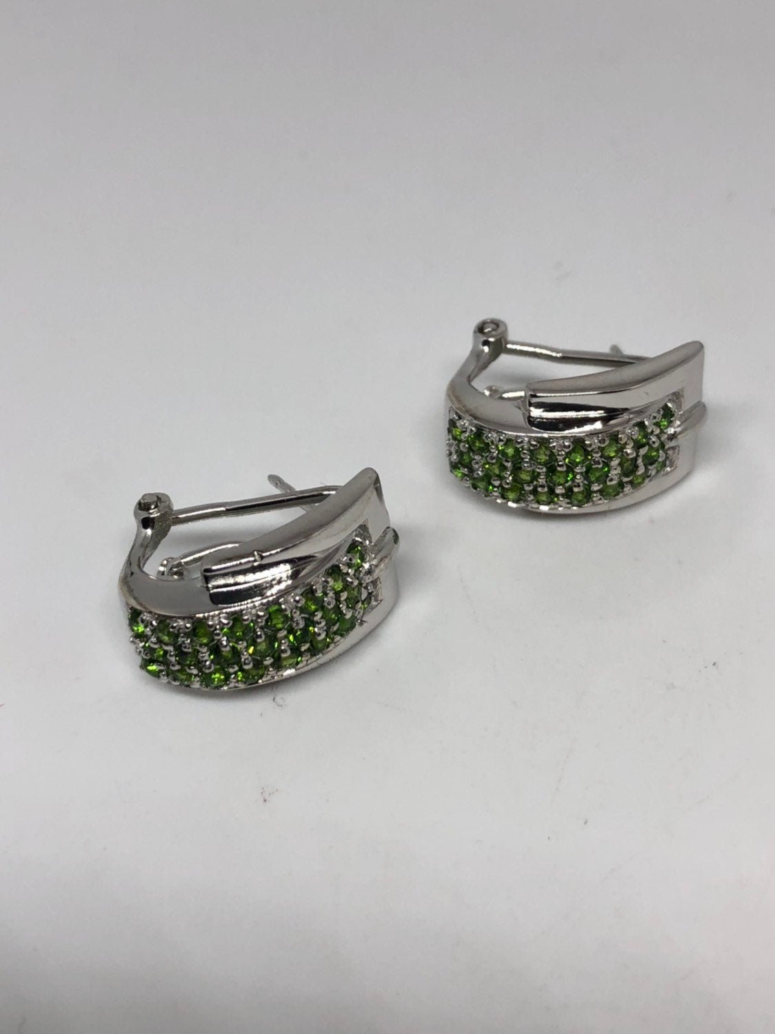 Vintage Handmade Sterling Silver Genuine Green Peridot and White Sapphire Earrings