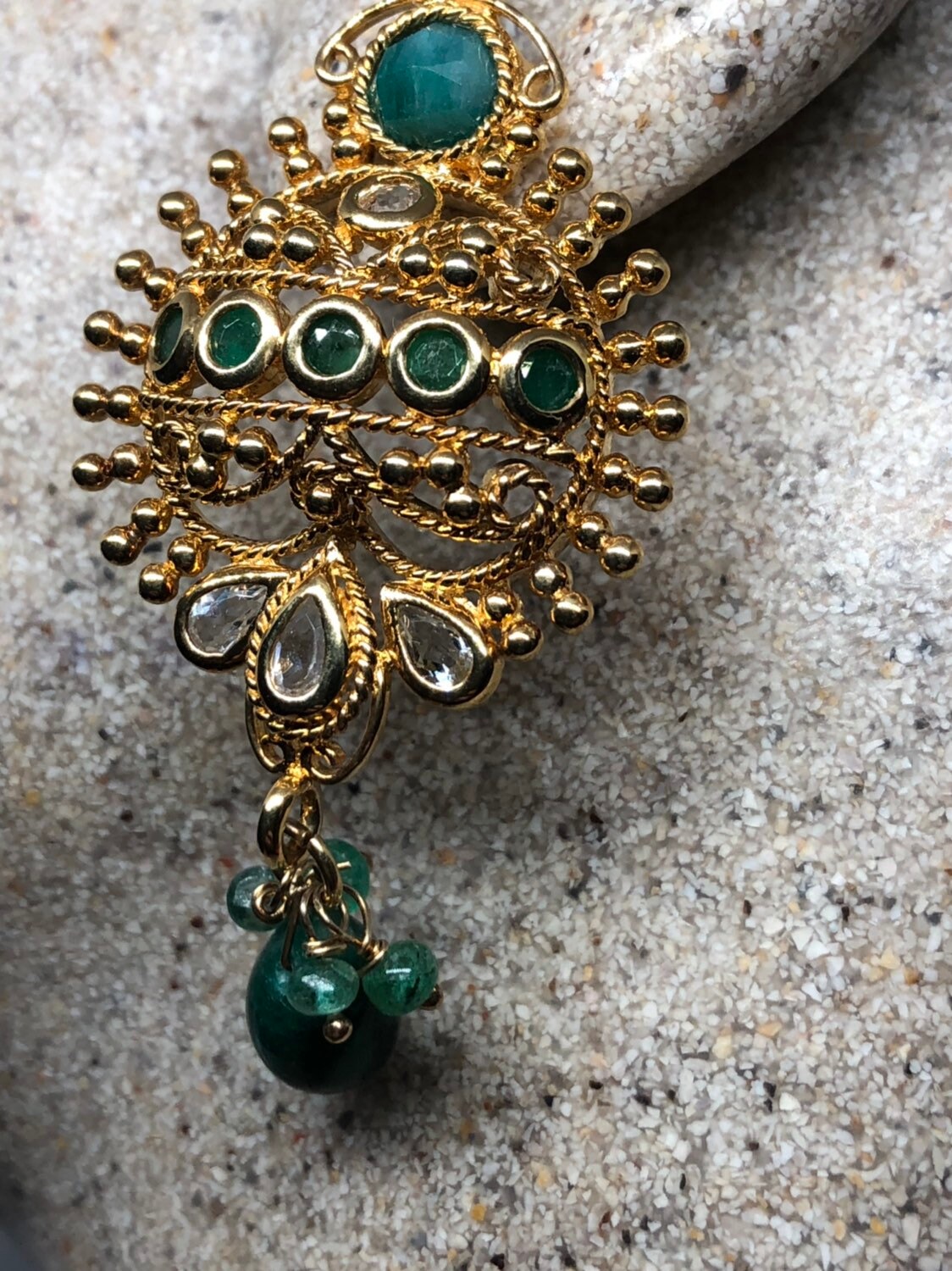 Vintage Handmade Sterling Silver Genuine Green Emerald White Sapphire Stud button Earrings