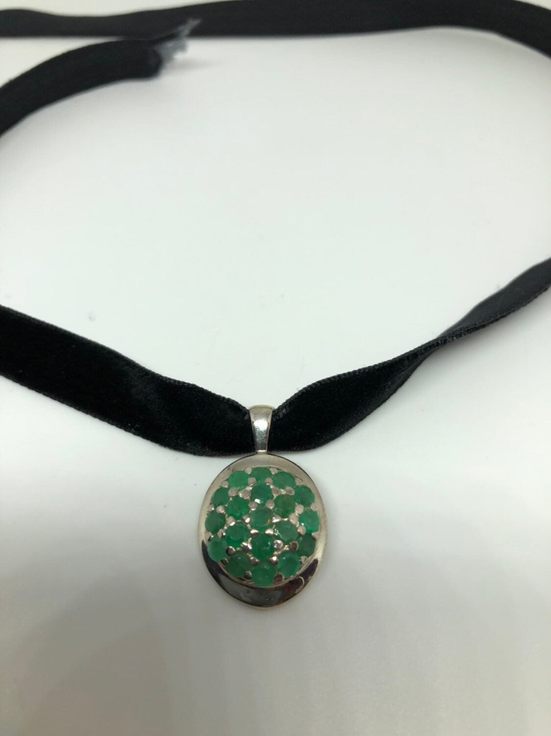 Vintage Green Emerald Choker 925 Sterling Pendant Necklace