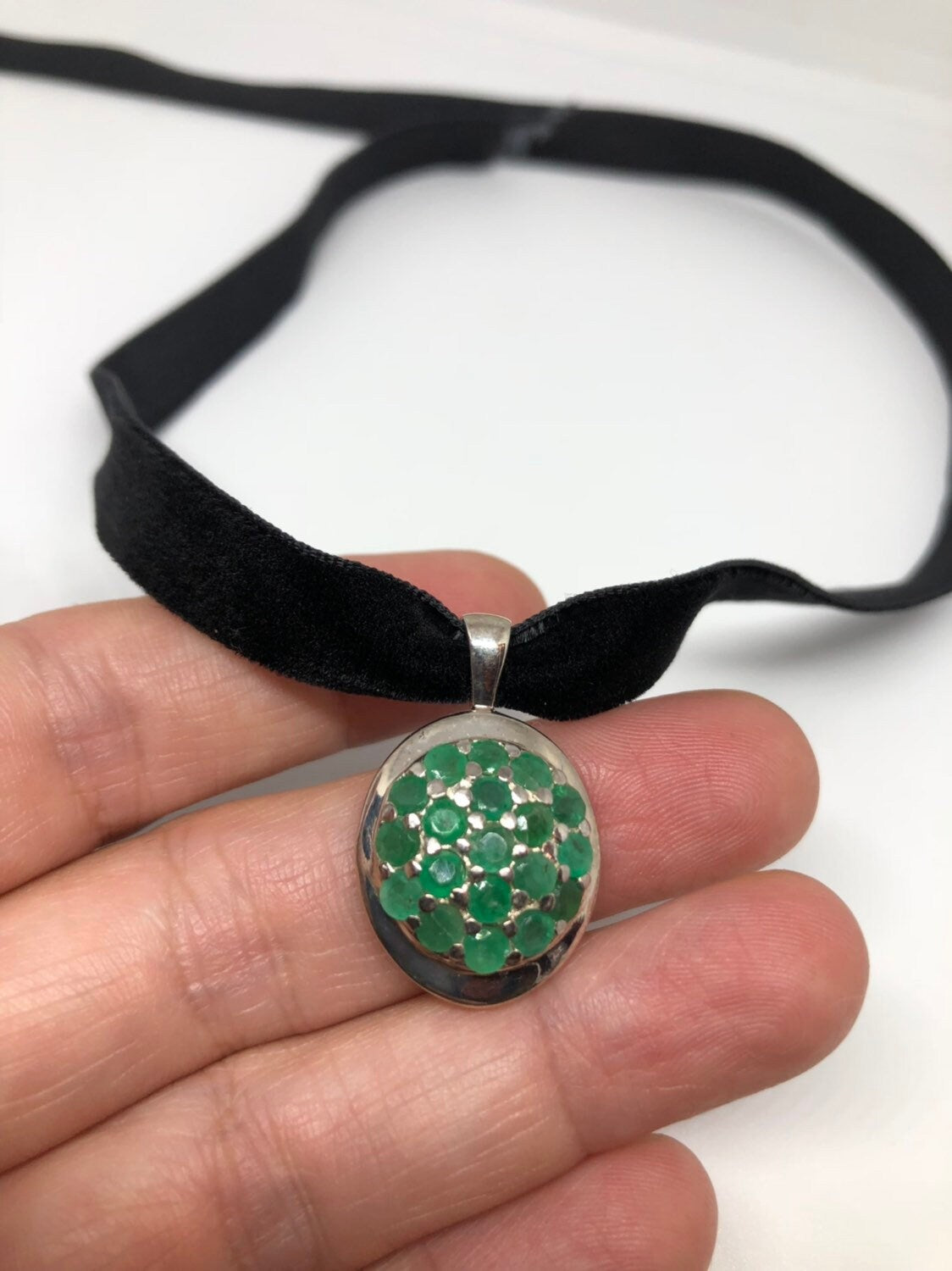 Vintage Green Emerald Choker 925 Sterling Pendant Necklace