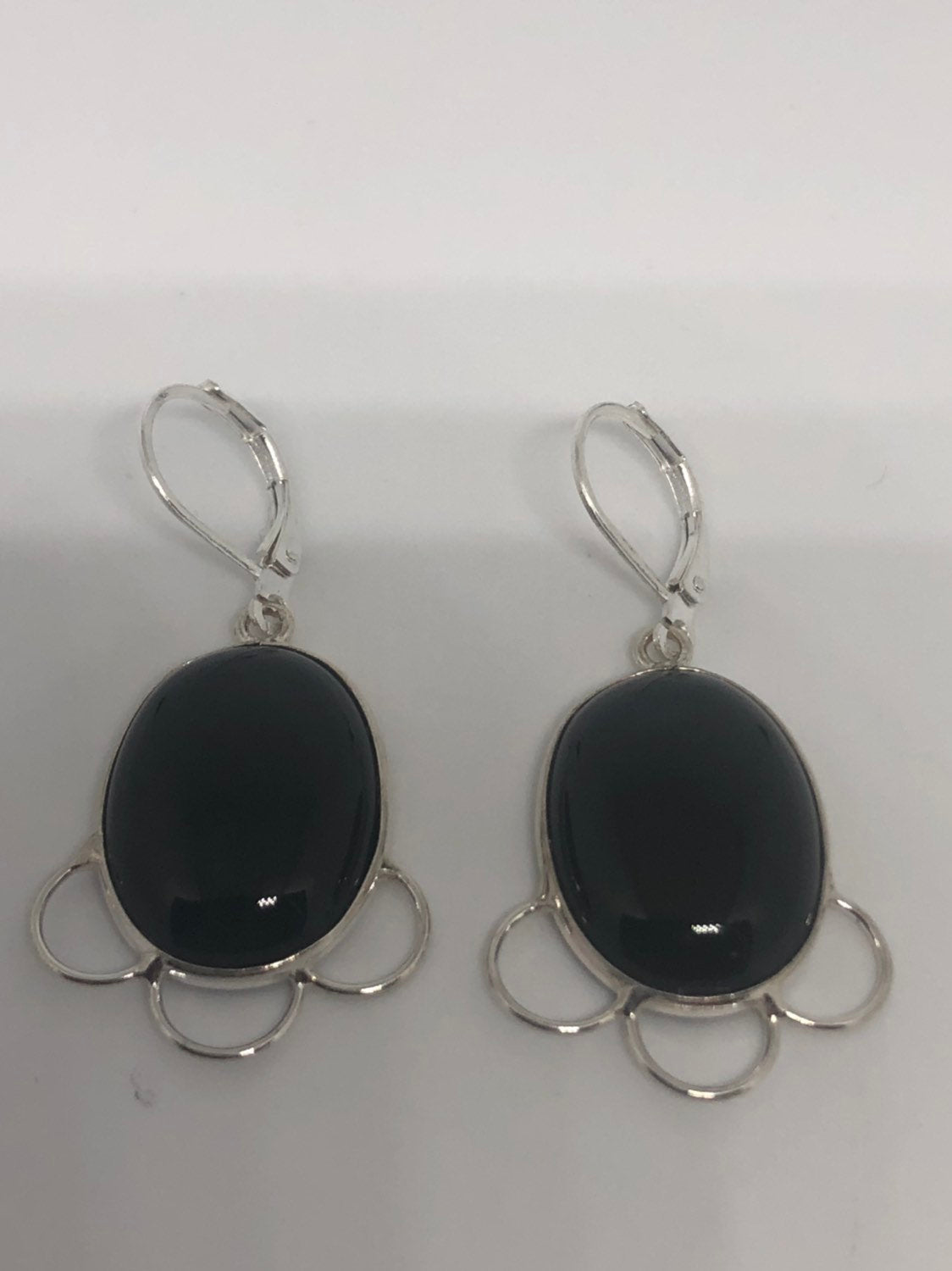 Vintage Black Onyx Earrings 925 Sterling Silver Deco Dangle Chandelier