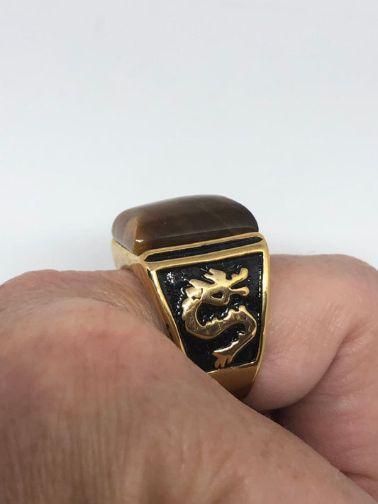 Vintage Gothic Gold Finished Stainless Steel Genuine Tiger Eye Dragon Mens Ring