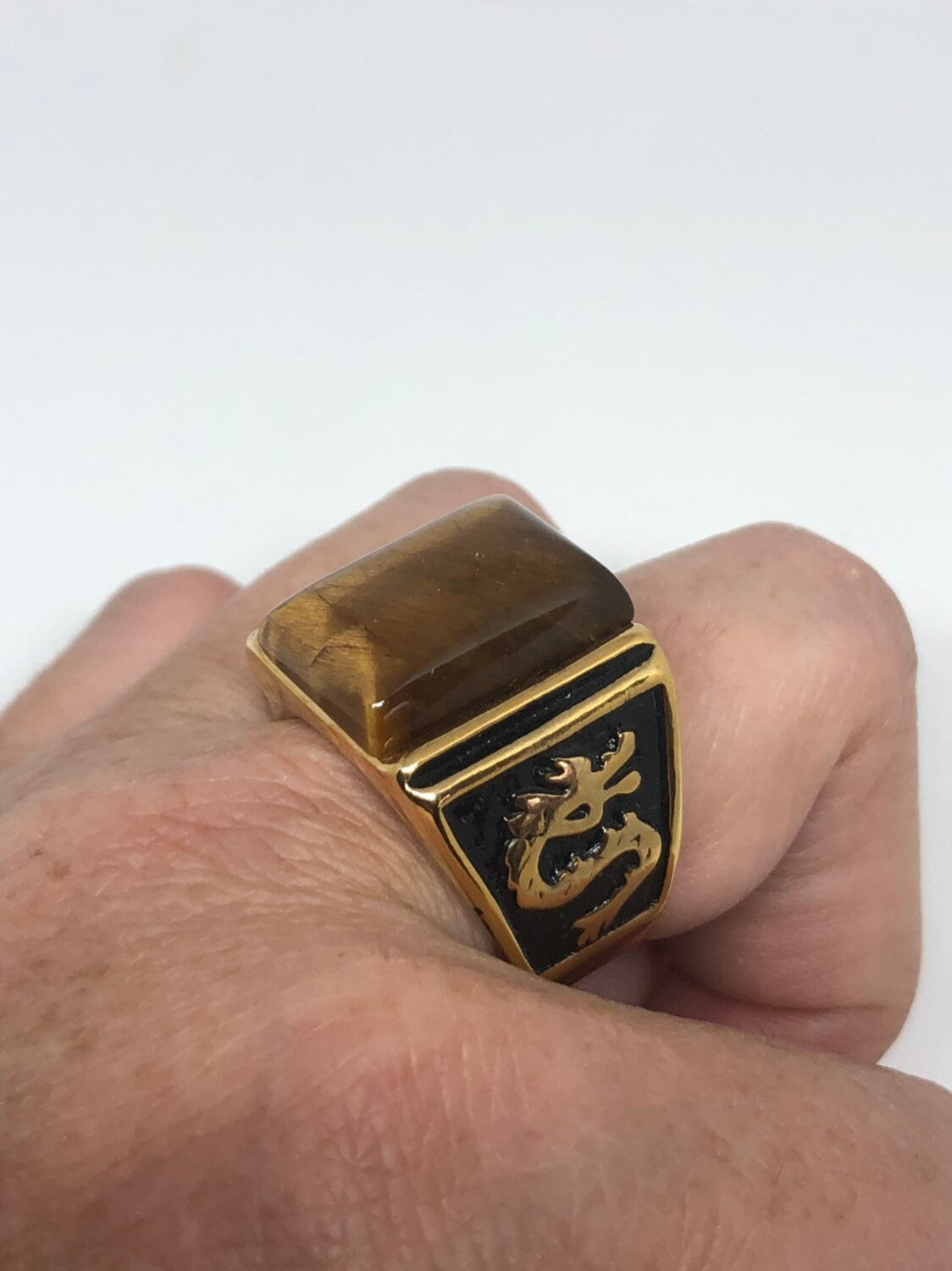 Vintage Gothic Gold Finished Stainless Steel Genuine Tiger Eye Dragon Mens Ring