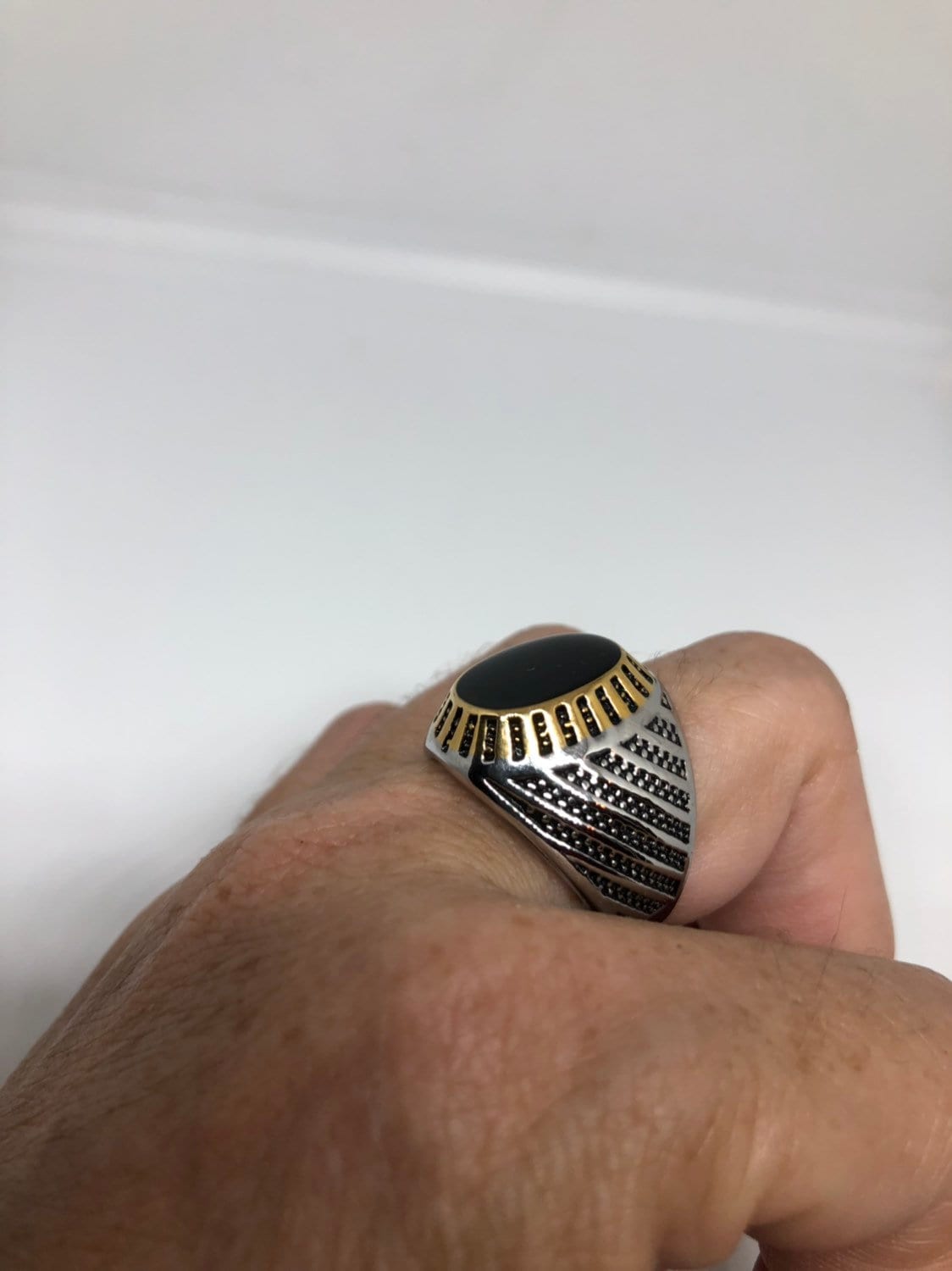 Vintage Gothic Black Genuine Onyx Stainless Steel Mens Ring