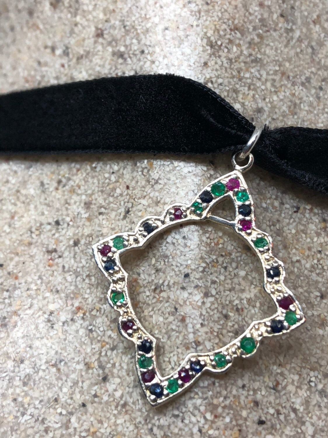 Handmade Vintage Green Emerald Ruby Sapphire 925 Sterling Filigree Pendant
