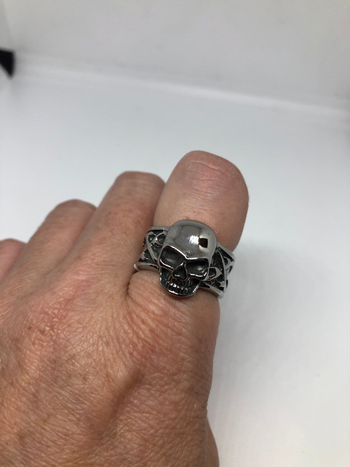 Vintage Gothic Silver Stainless Steel Skull Catacombs Mens Ring