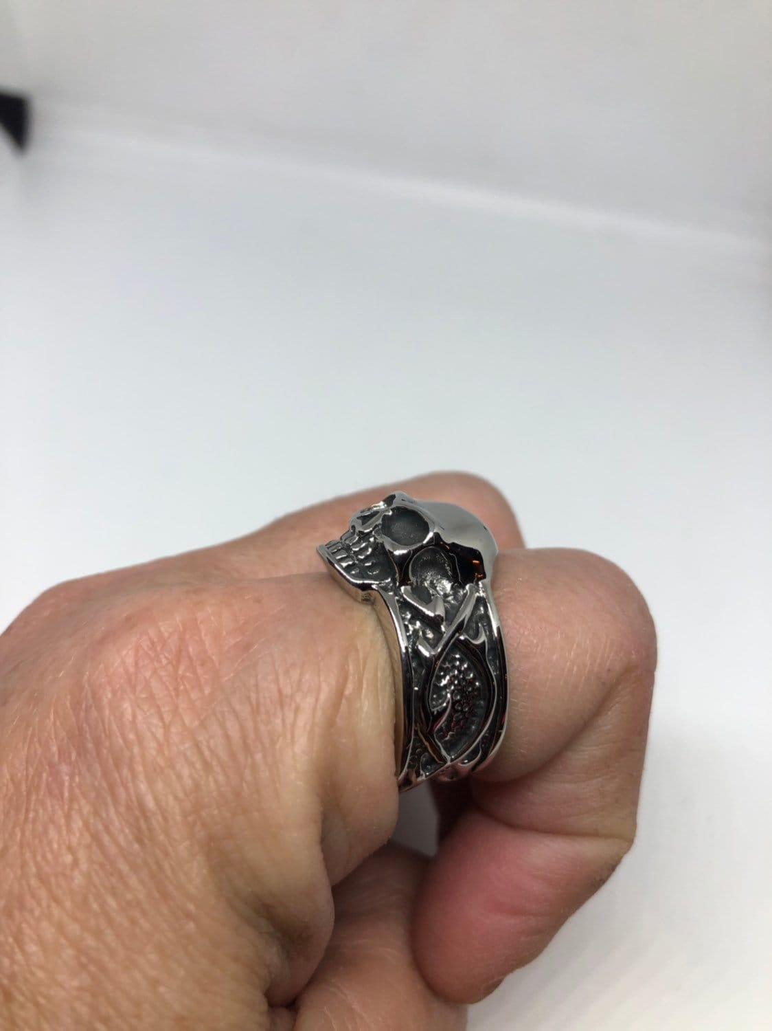 Vintage Gothic Silver Stainless Steel Skull Catacombs Mens Ring