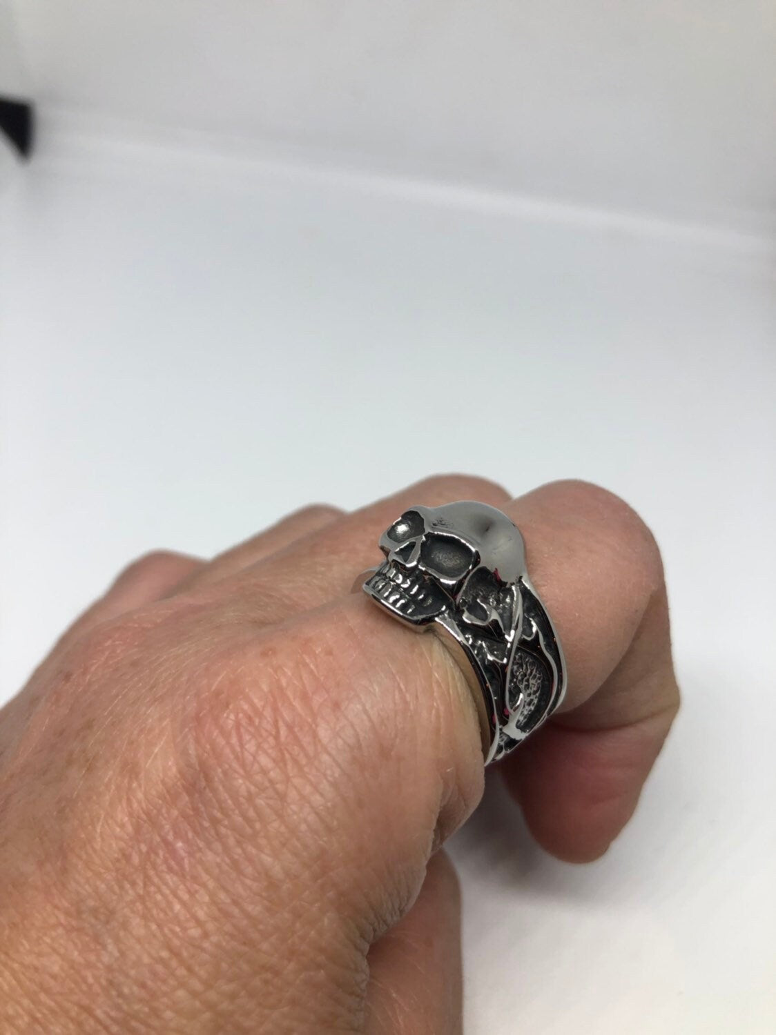 Vintage Gothic Silver Stainless Steel Skull Catacombs Mens Ring