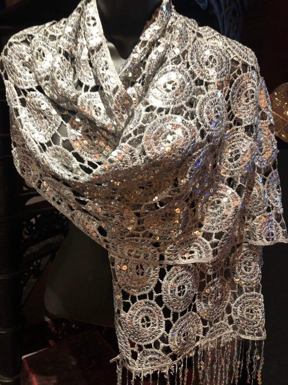 Vintage Styled Sheer Silver Flower Sequined Embroidered Wrap Shawl