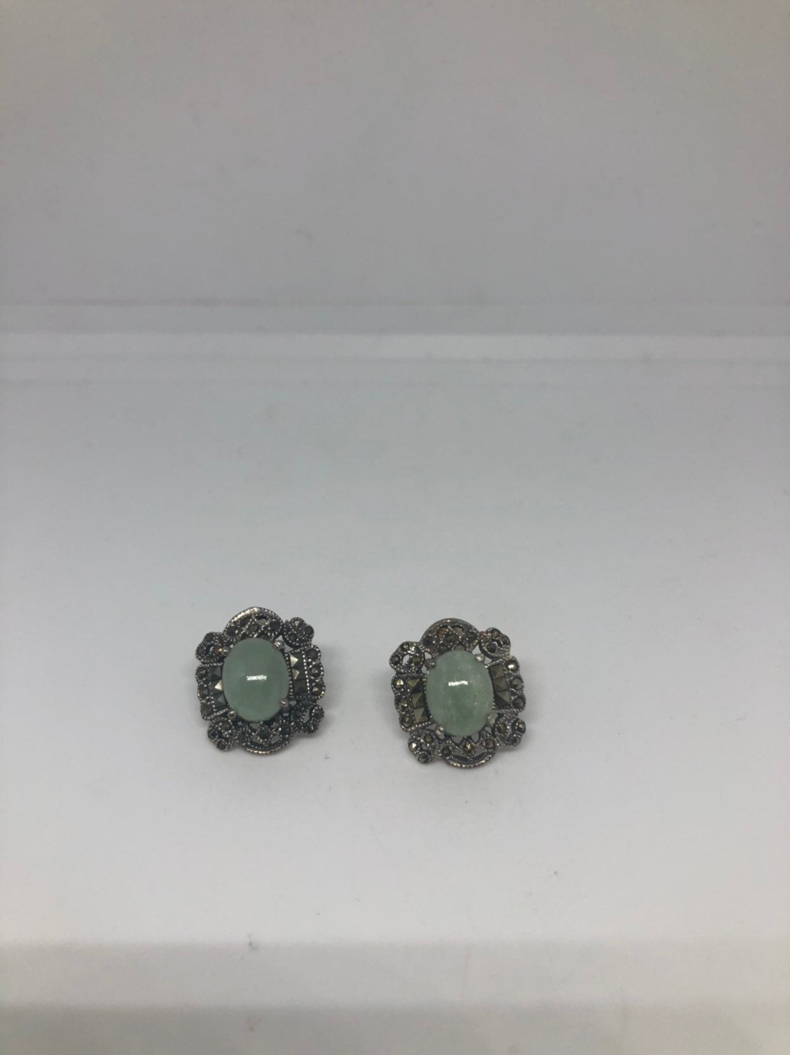 Vintage Genuine Jade Marcasite 925 Sterling Silver Deco Stud Earrings