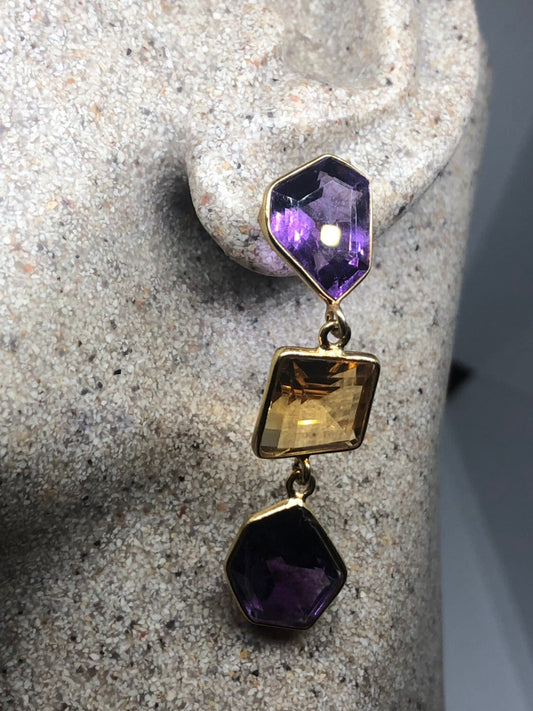 Vintage Handmade Golden 925 Sterling Silver Amethyst Citrine Earrings