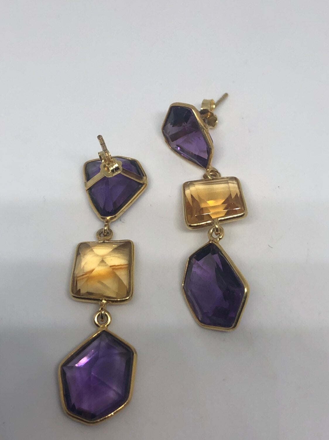 Vintage Handmade Golden 925 Sterling Silver Amethyst Citrine Earrings