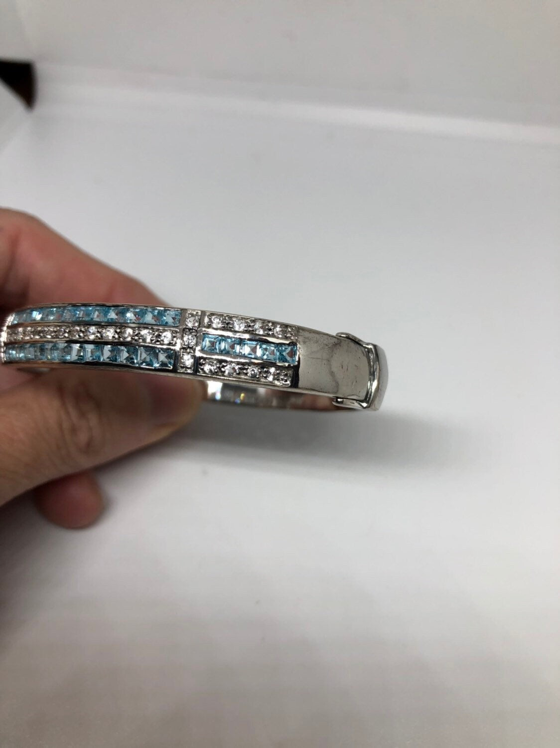 Vintage Blue Topaz White Sapphire 925 Sterling Silver Bangle Bracelet