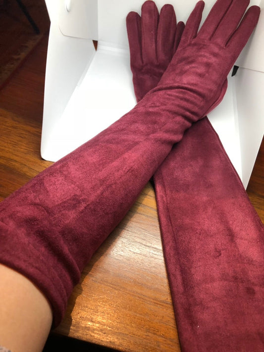 Burgandy Red Evening Gloves Vintage Ultrasuede Fleece Long Opera Gloves