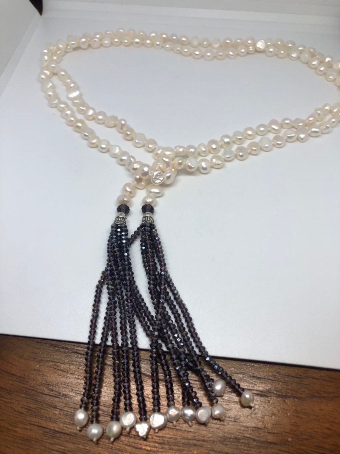 Hand Wrapped White Pearl tassel lariat Necklace