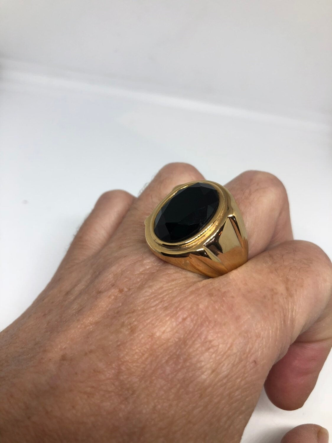 Vintage Gothic Gold Finished Stainless Steel Black Onyx Genuine Mens Ring