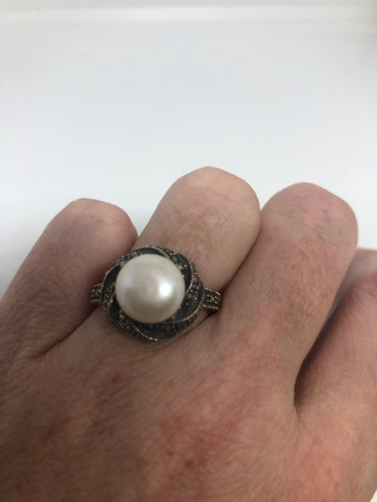 Vintage Genuine Pearl Marcasite 925 Sterling Silver Ring