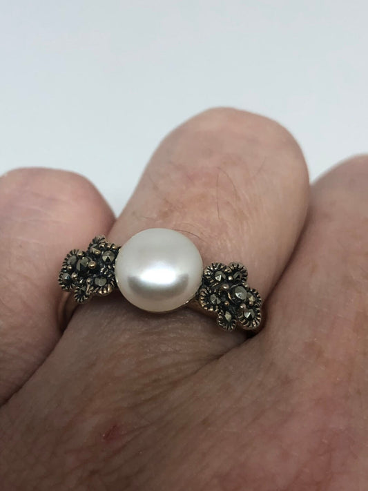 Vintage Genuine Pearl Marcasite 925 Sterling Silver Ring