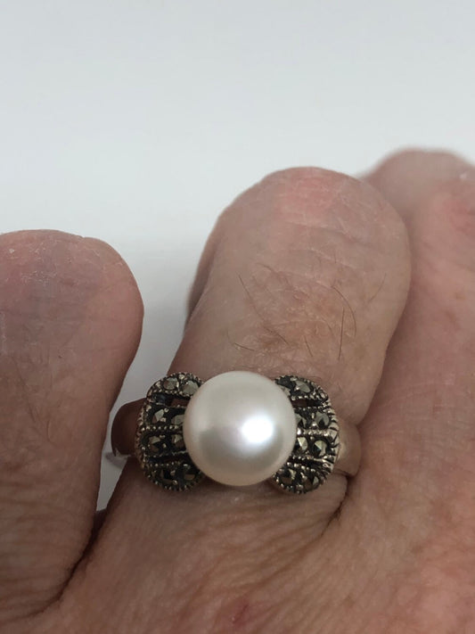 Vintage Genuine Pearl Marcasite 925 Sterling Silver Ring